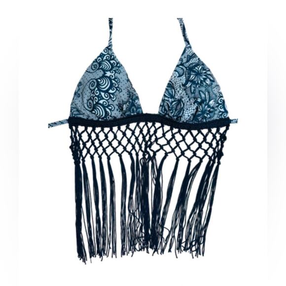 Sky BRAILLEN Fringe Sexy Tassle Bikini Top Nude & Black Paisley XS Fit - Picture 4 of 5